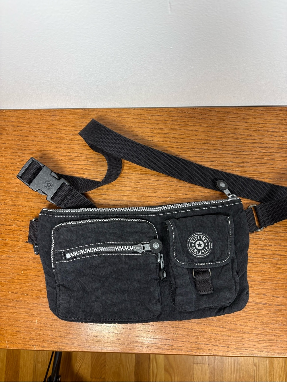 Kipling Black Nylon Belt Bag with Front Pockets